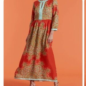 Deep Orange & Green Paisley Maxi Dress With Turquoise Trim. Lightweight linen.